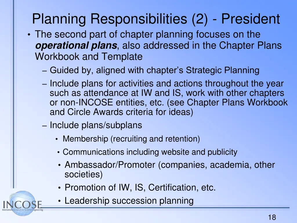 planning responsibilities 2 president the second