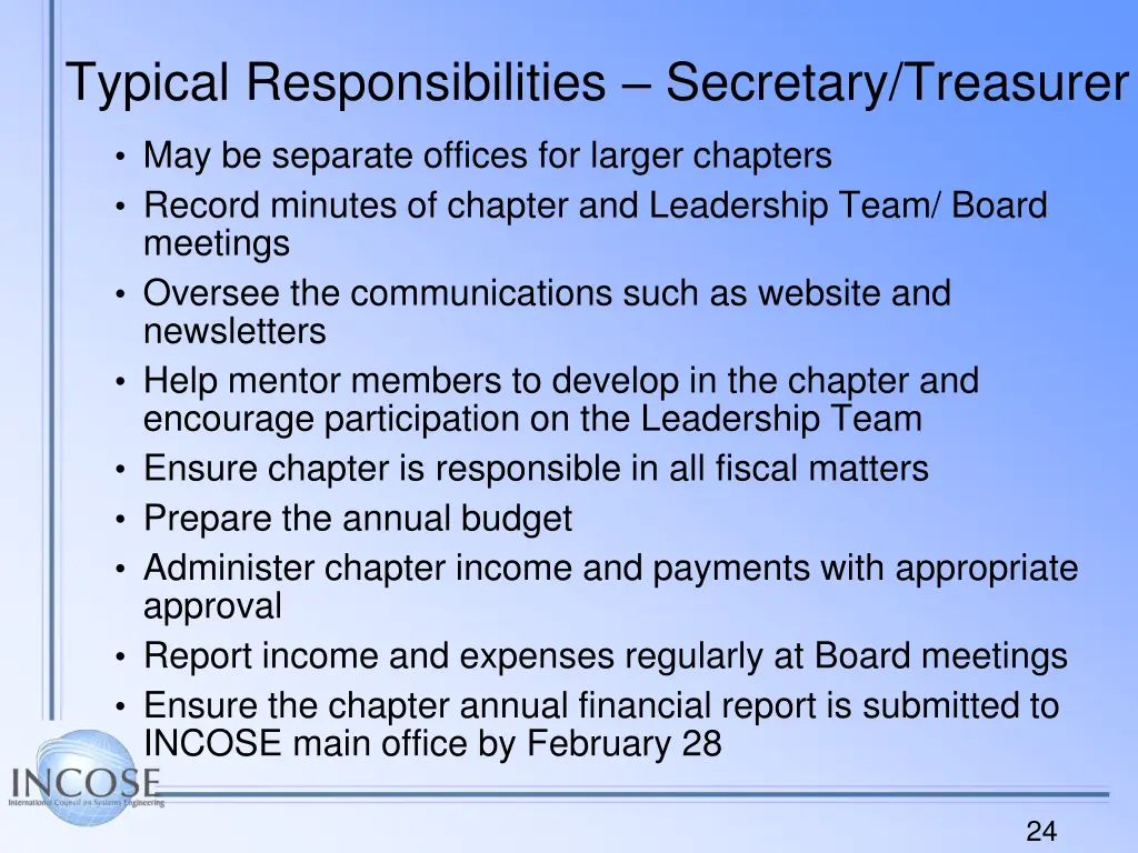 typical responsibilities secretary treasurer