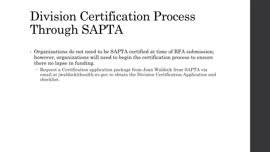 division certification process through sapta