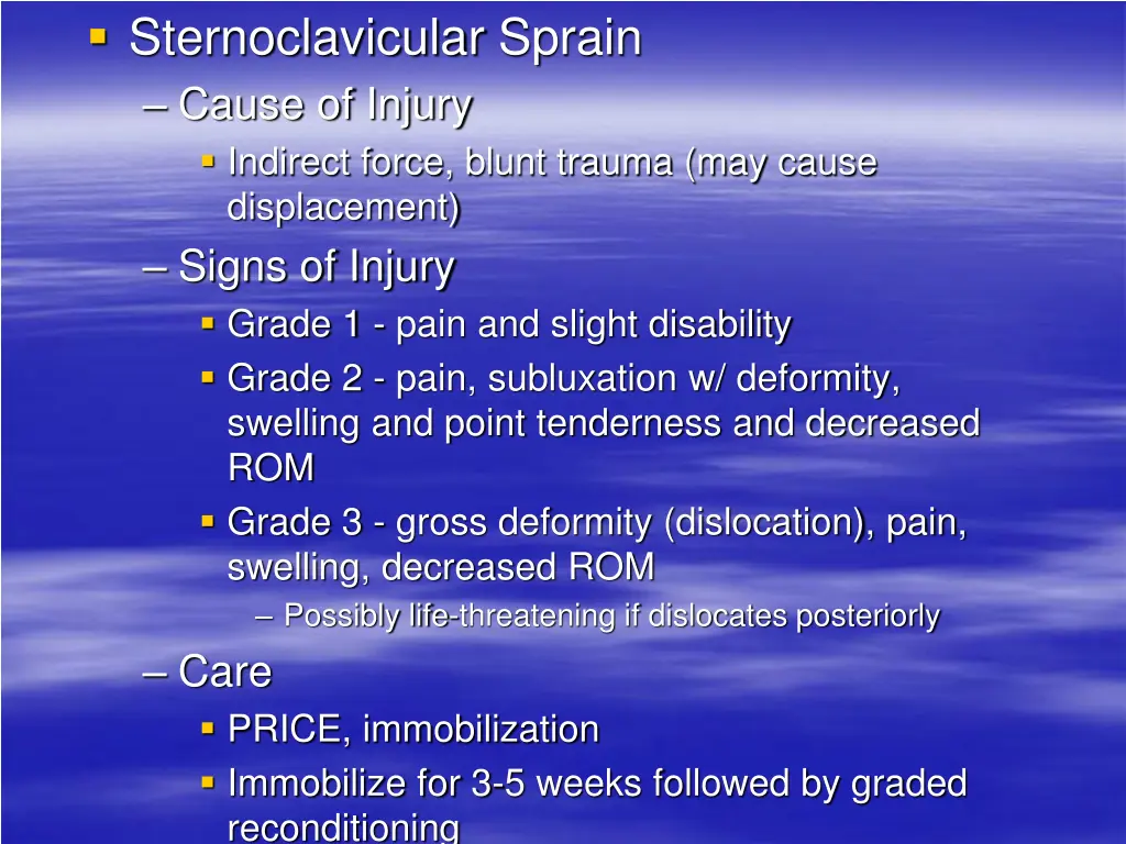 sternoclavicular sprain cause of injury indirect