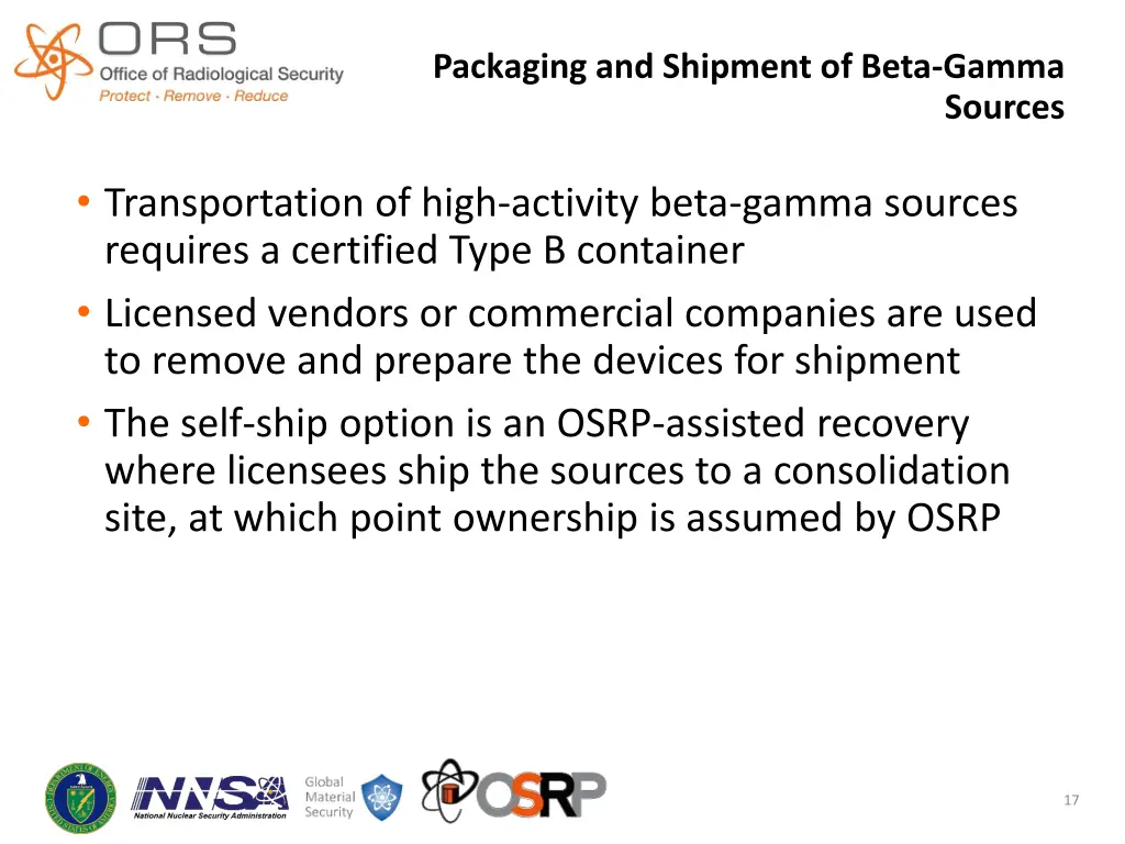 packaging and shipment of beta gamma