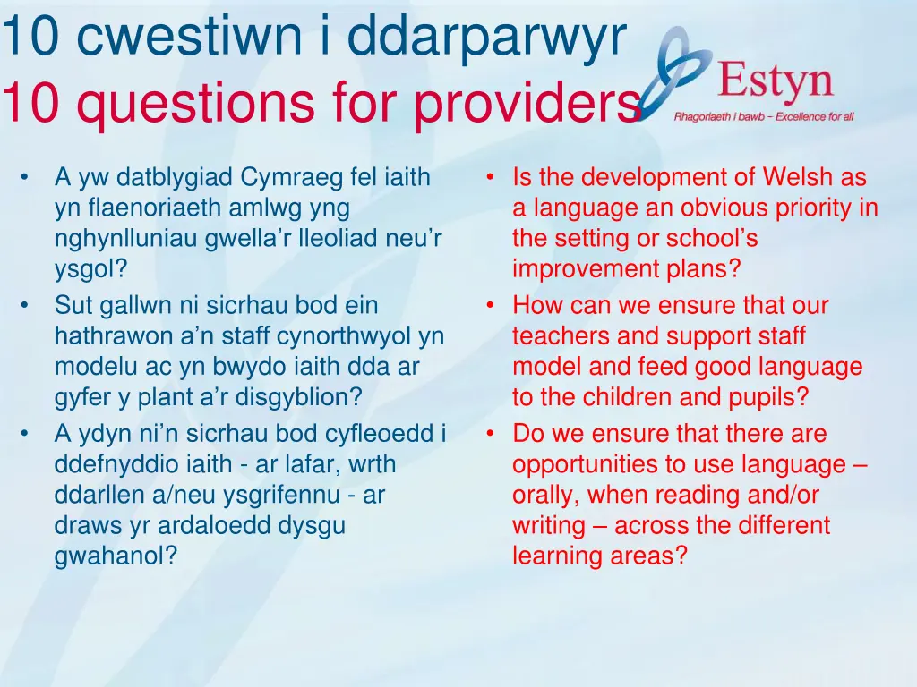 10 cwestiwn i ddarparwyr 10 questions