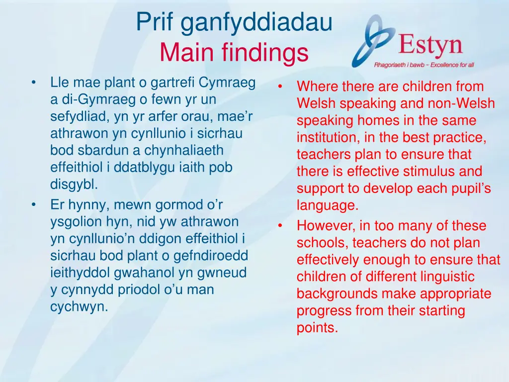 prif ganfyddiadau main findings lle mae plant