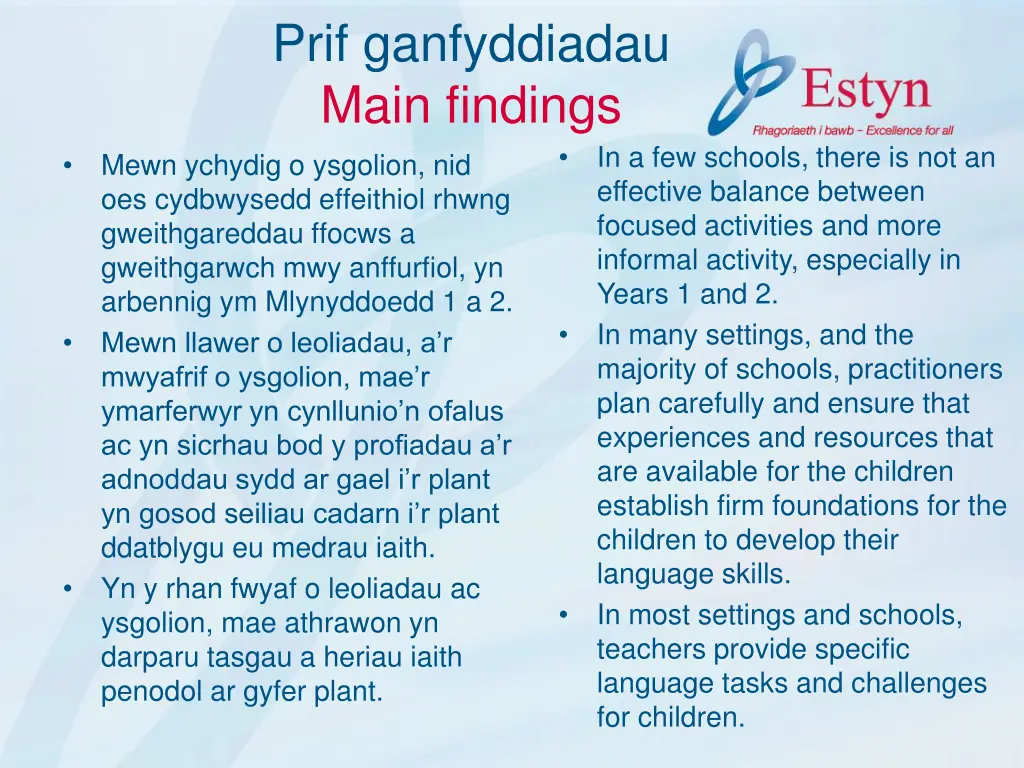 prif ganfyddiadau main findings mewn ychydig