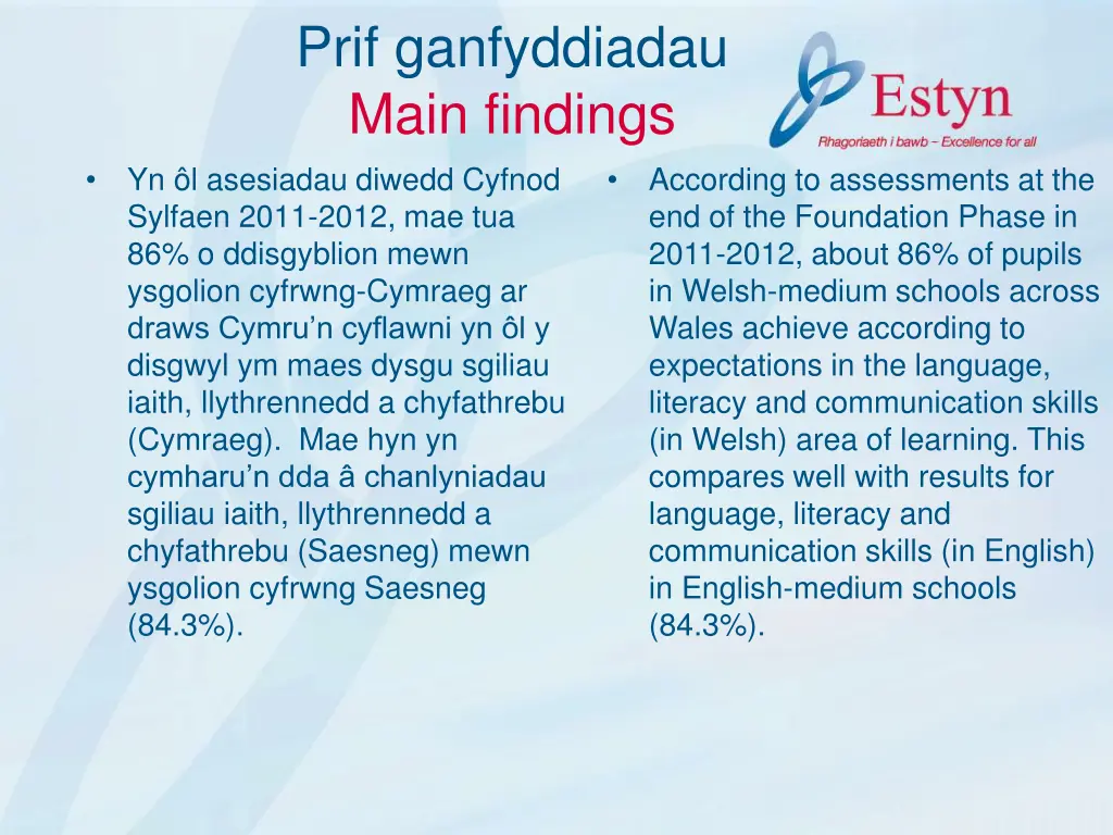 prif ganfyddiadau main findings