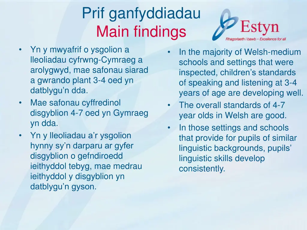 prif ganfyddiadau main findings yn y mwyafrif