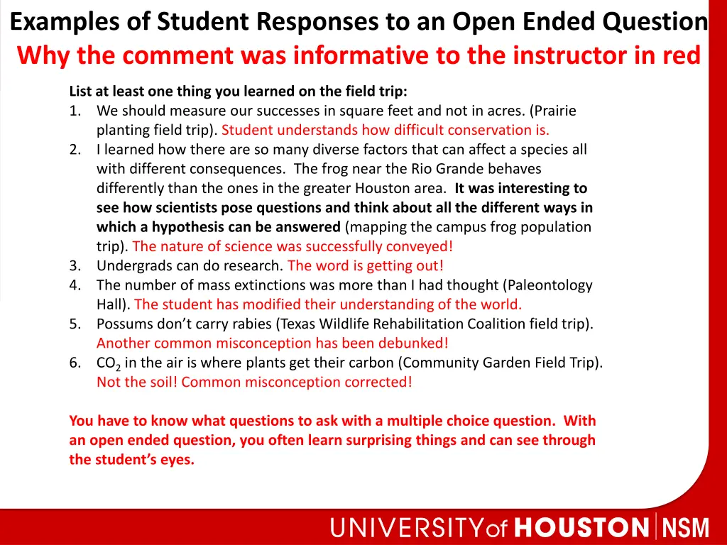 examples of student responses to an open ended