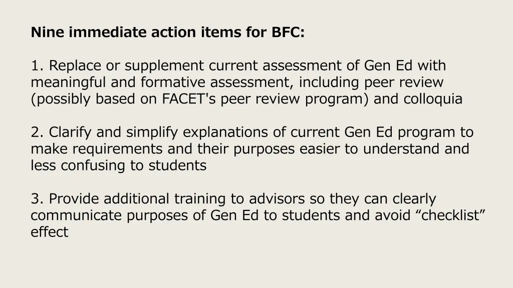 nine immediate action items for bfc