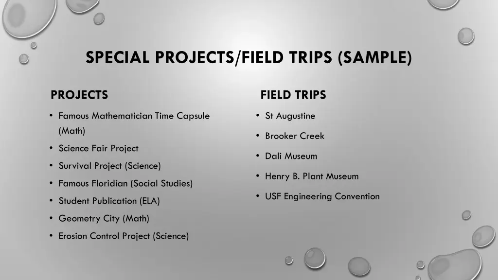 special projects field trips sample