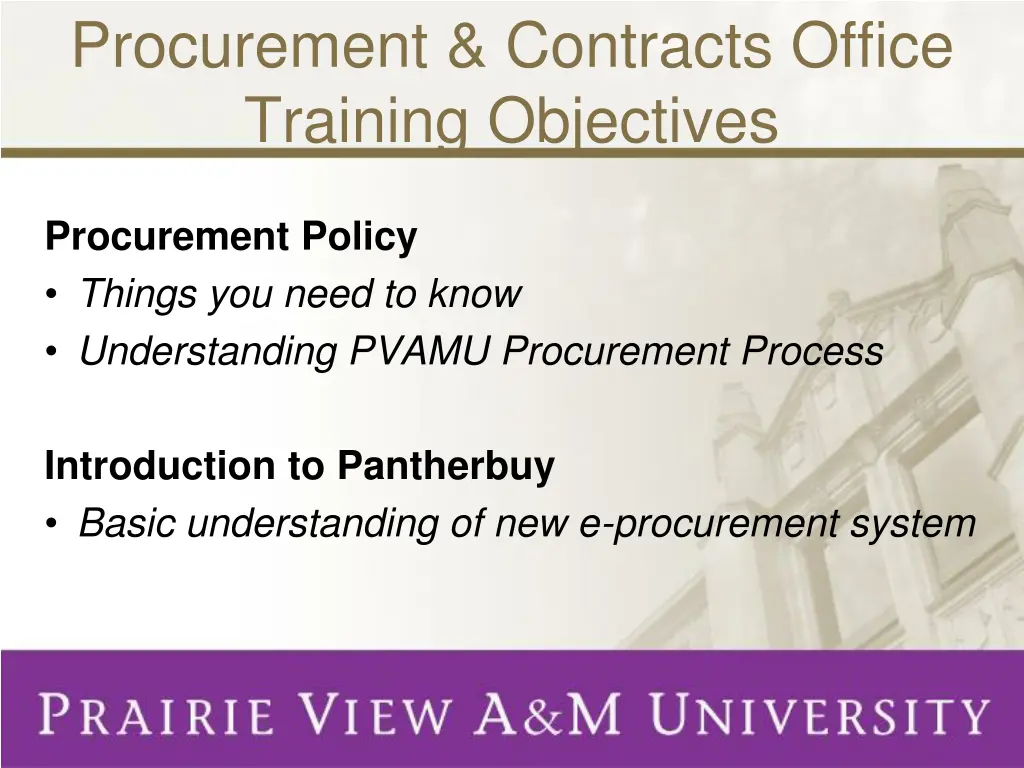 procurement contracts office training objectives