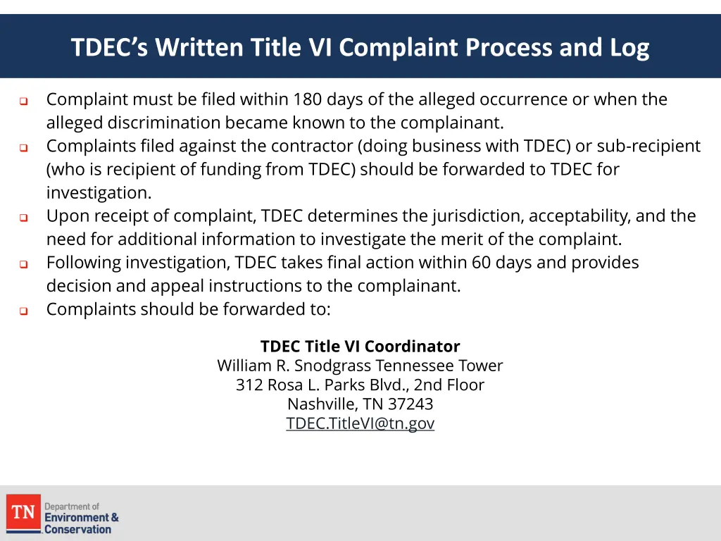 tdec s written title vi complaint process and log