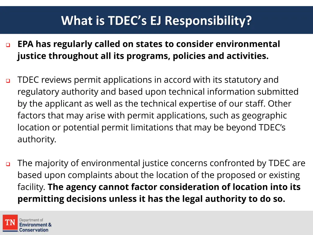 what is tdec s ej responsibility