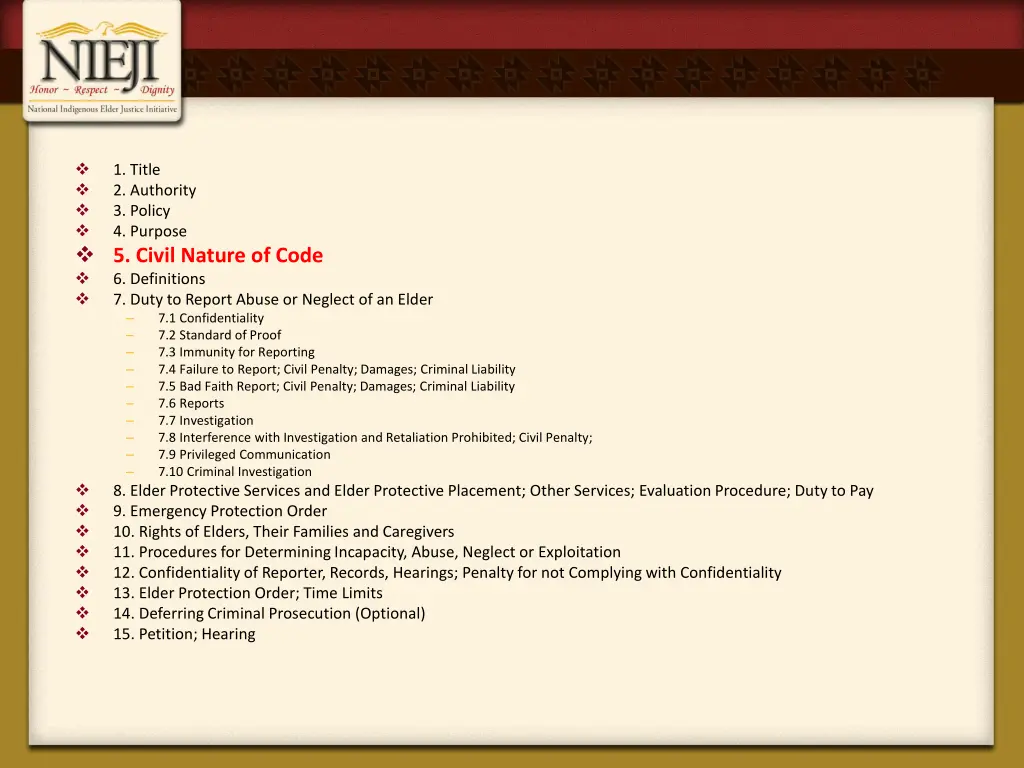 5 civil nature of code 6 definitions 7 duty