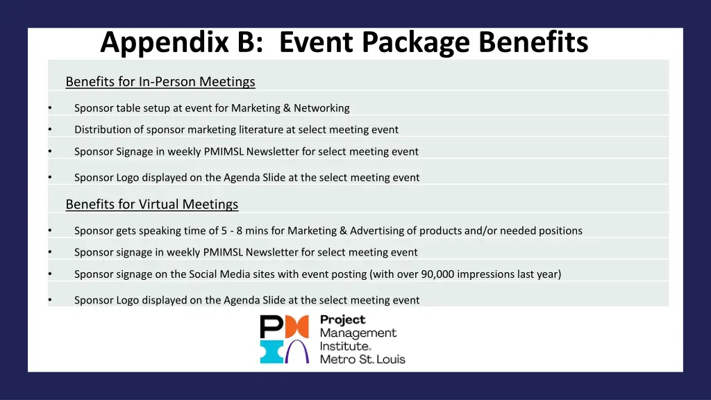 appendix b event package benefits