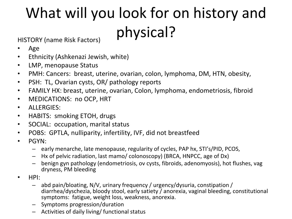 what will you look for on history and physical