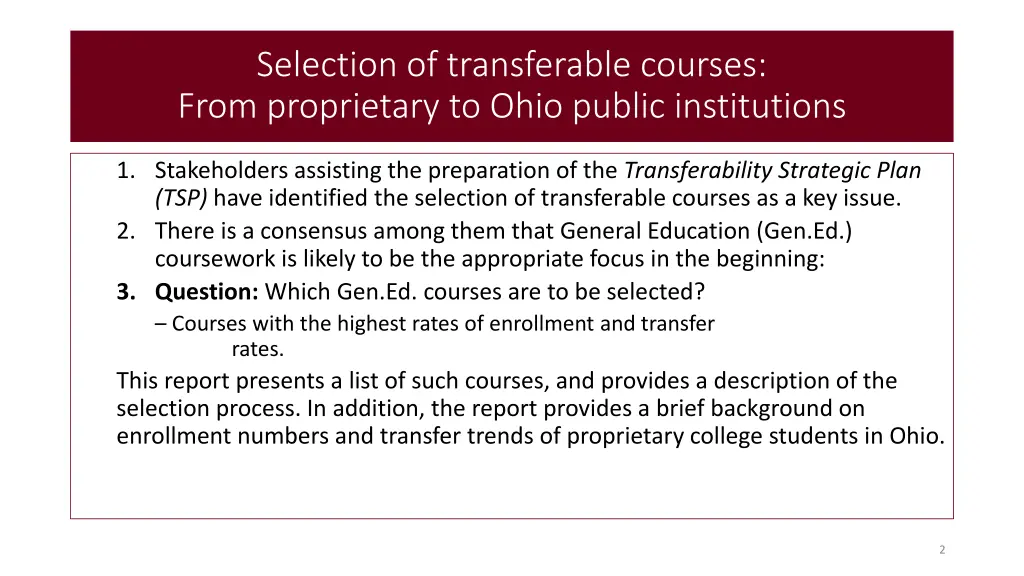 selection of transferable courses from