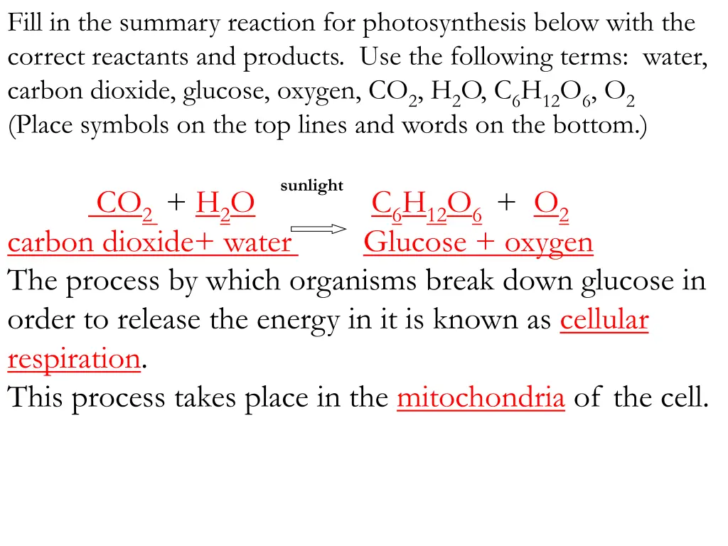 fill in the summary reaction for photosynthesis 1