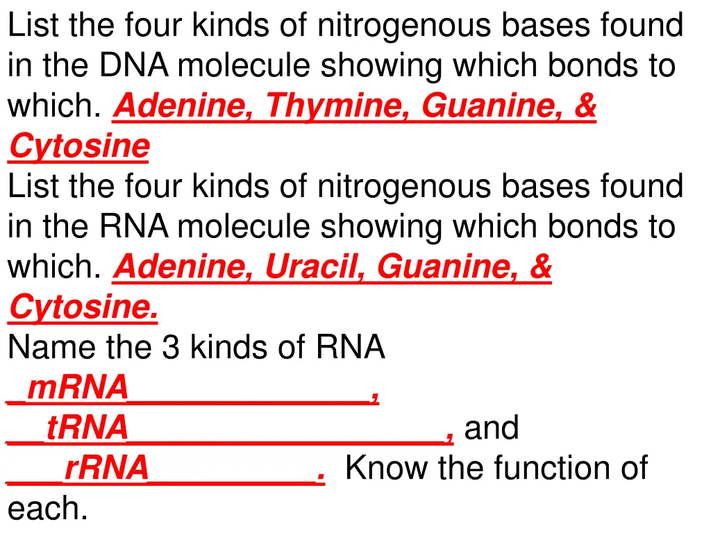 list the four kinds of nitrogenous bases found 1