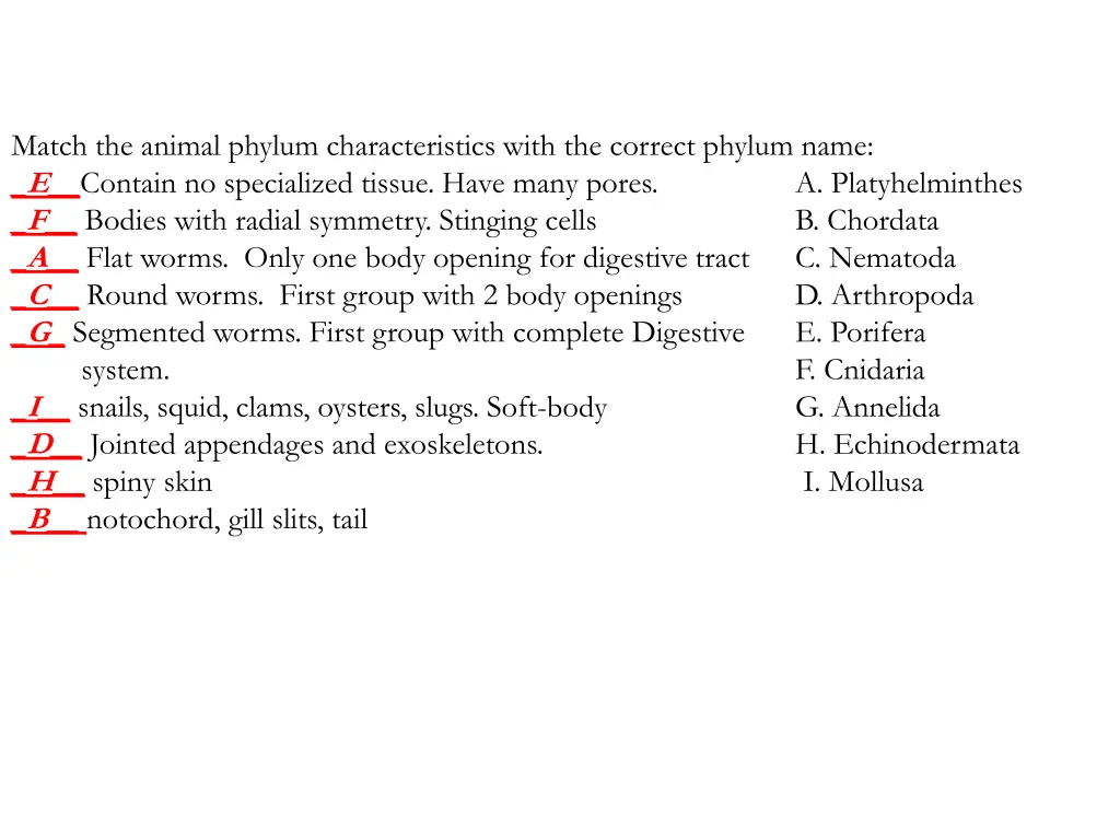 match the animal phylum characteristics with 1