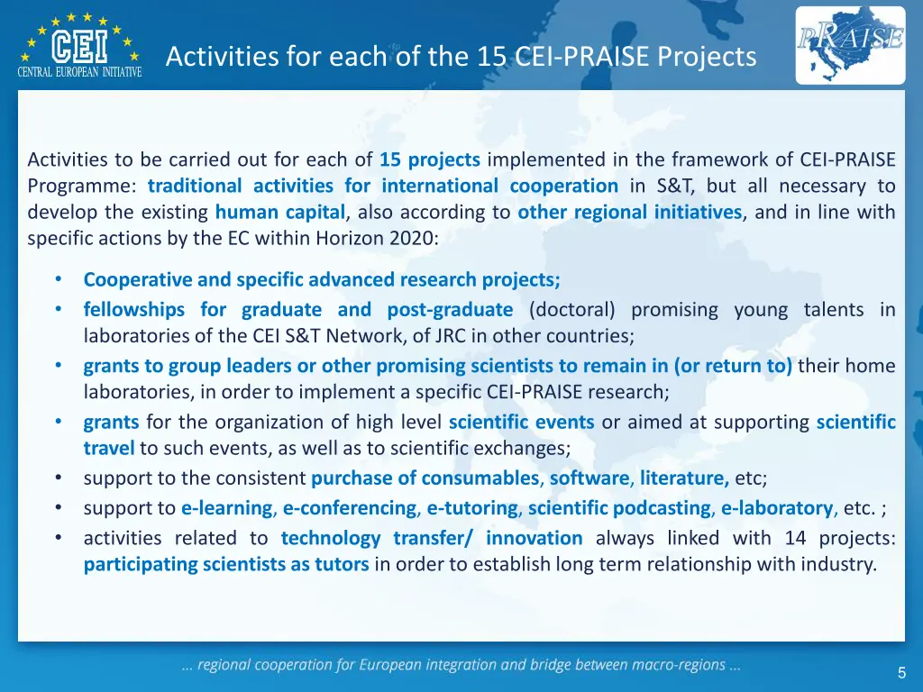 activities for each of the 15 cei praise projects