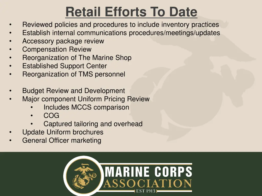 retail efforts to date reviewed policies