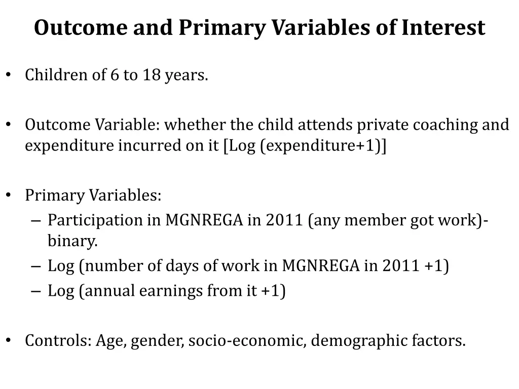 outcome and primary variables of interest