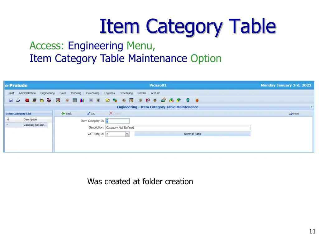 item category table access engineering menu item