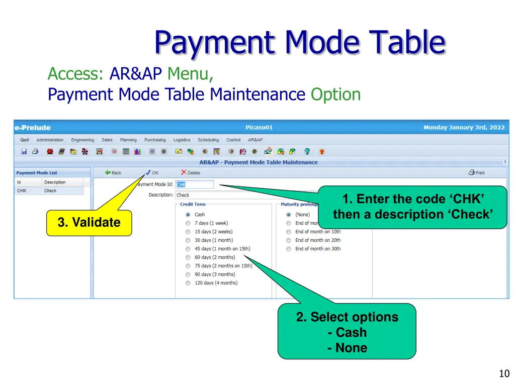 payment mode table access ar ap menu payment mode