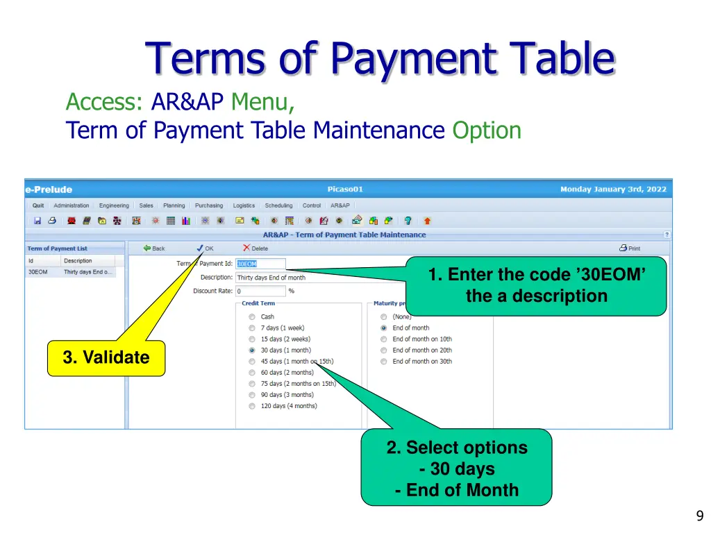 terms of payment table access ar ap menu term