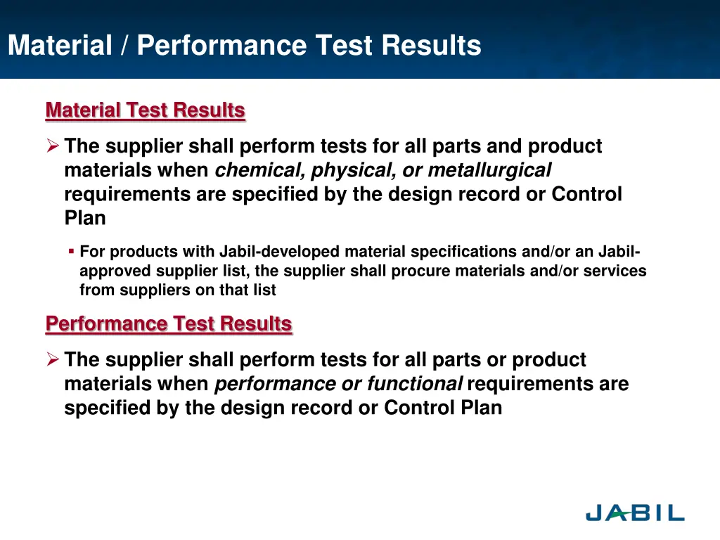 material performance test results