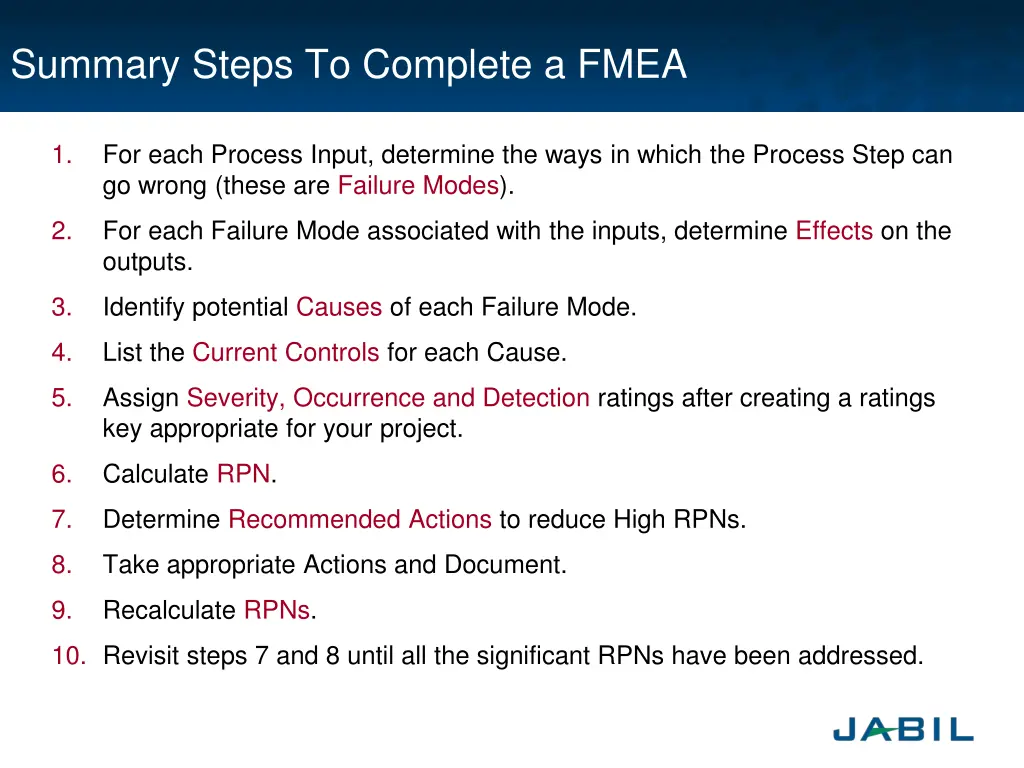 summary steps to complete a fmea