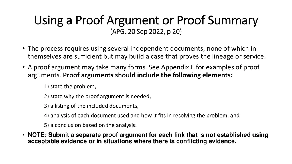 using a proof argument or proof summary using