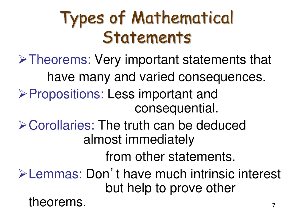 types of mathematical statements theorems very