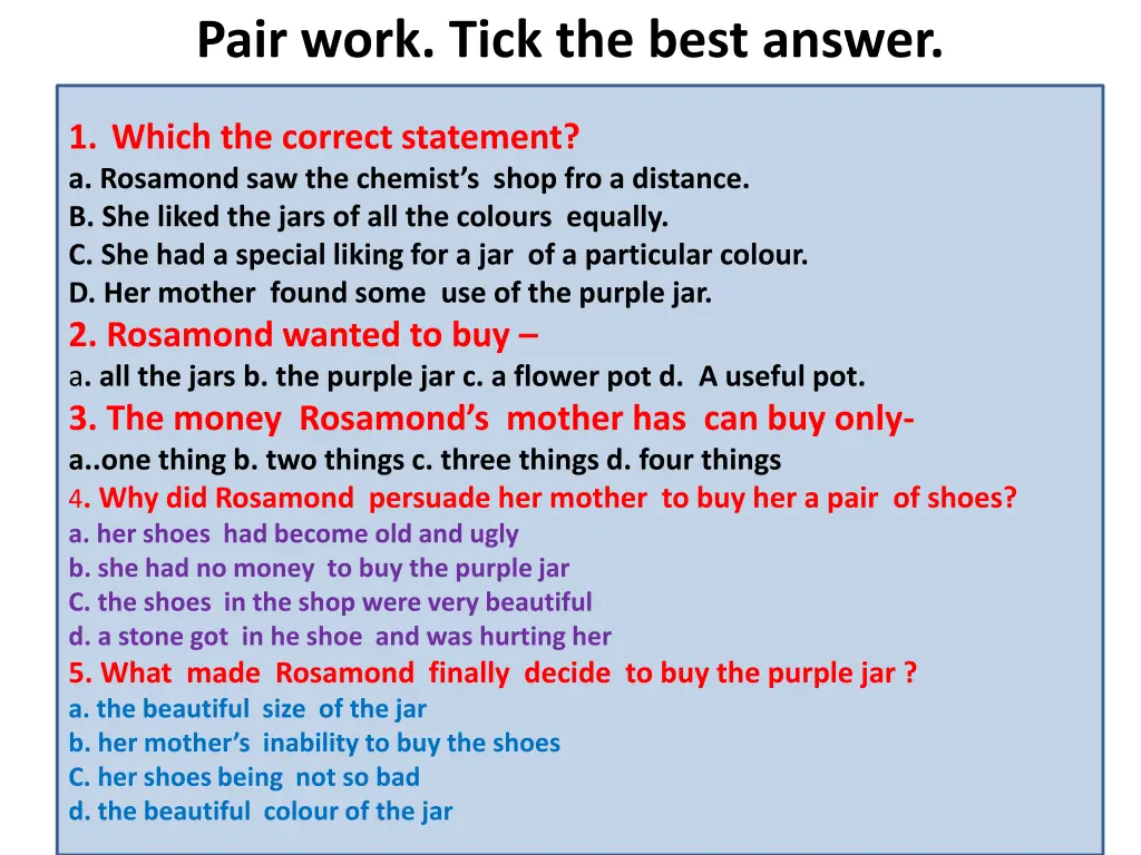 pair work tick the best answer