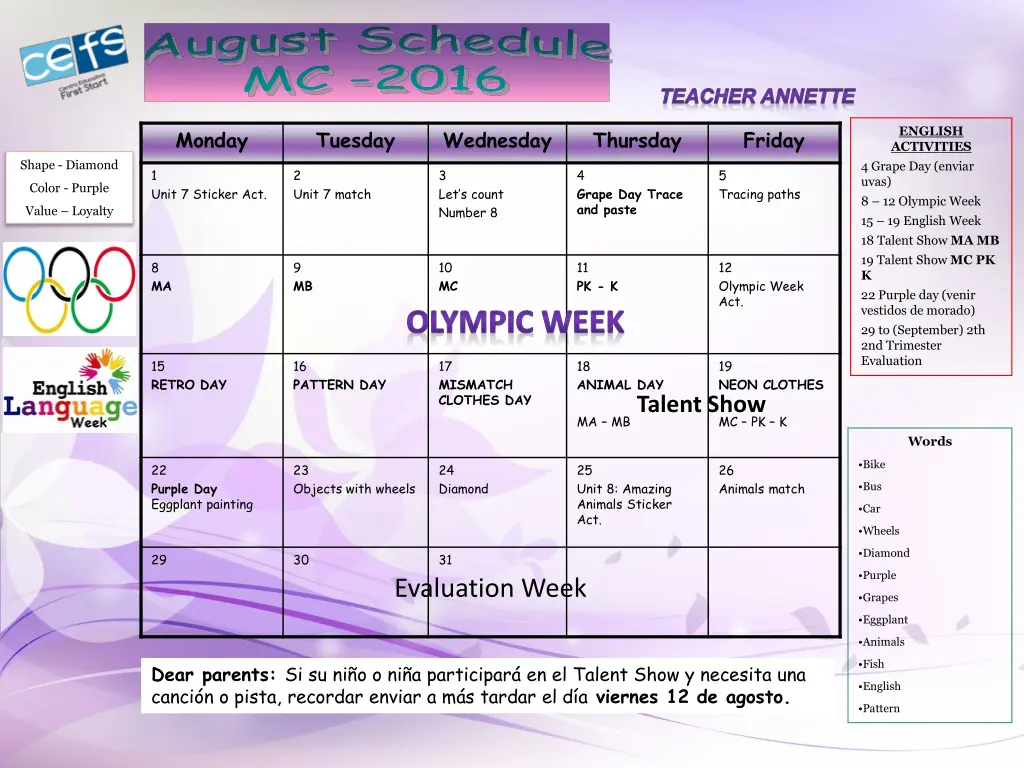 august schedule 2016