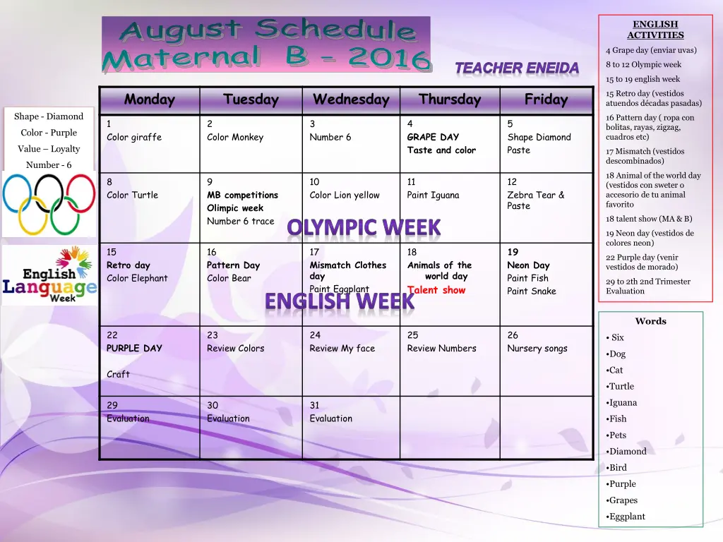 august schedule maternal b