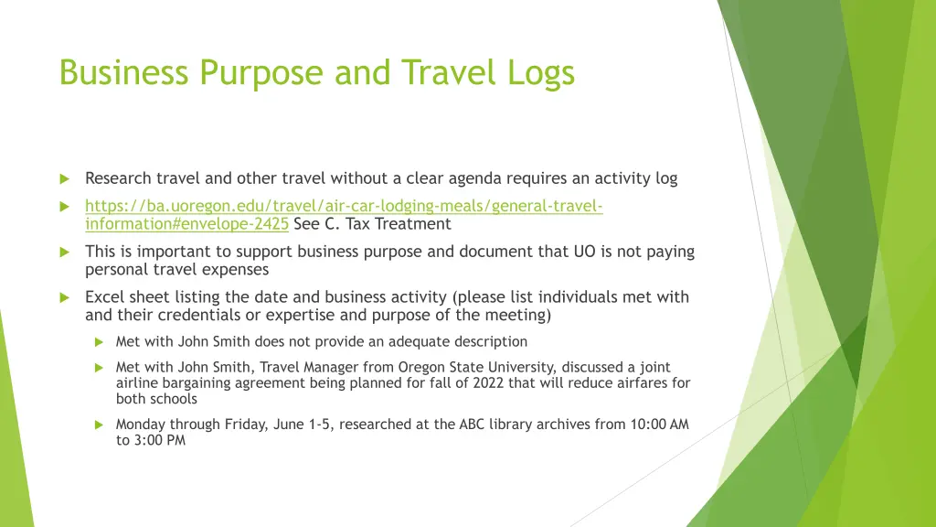 business purpose and travel logs