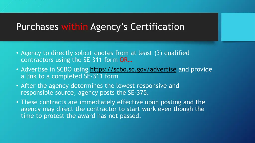 purchases within agency s certification