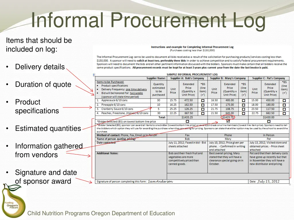 informal procurement log