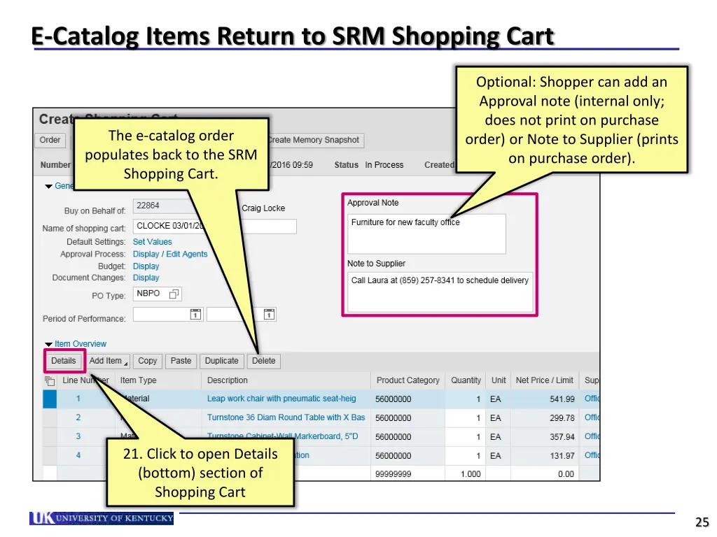 e catalog items return to srm shopping cart