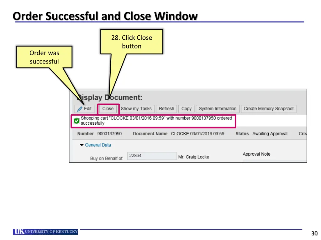 order successful and close window