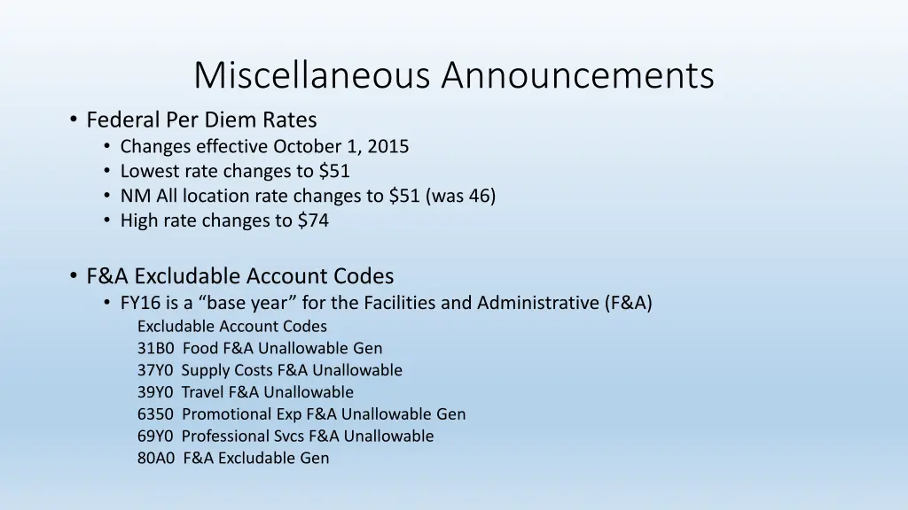 miscellaneous announcements federal per diem