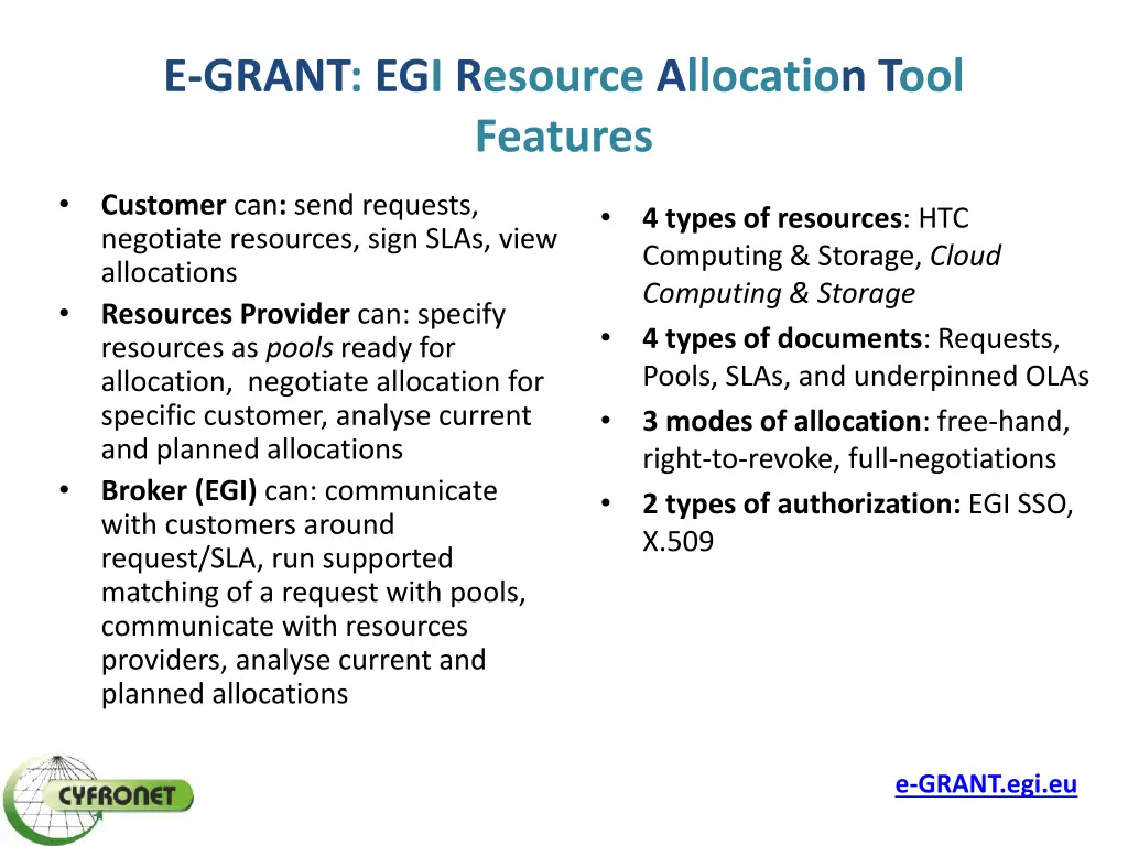 e grant egi resource allocation tool features