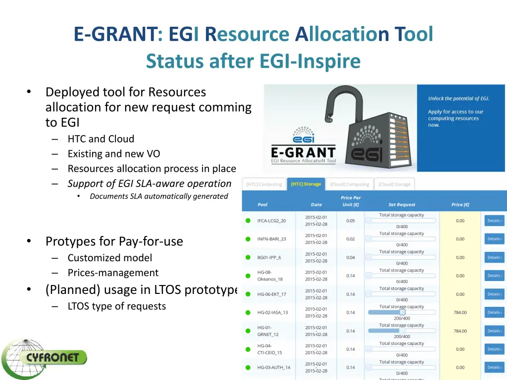 e grant egi resource allocation tool status after