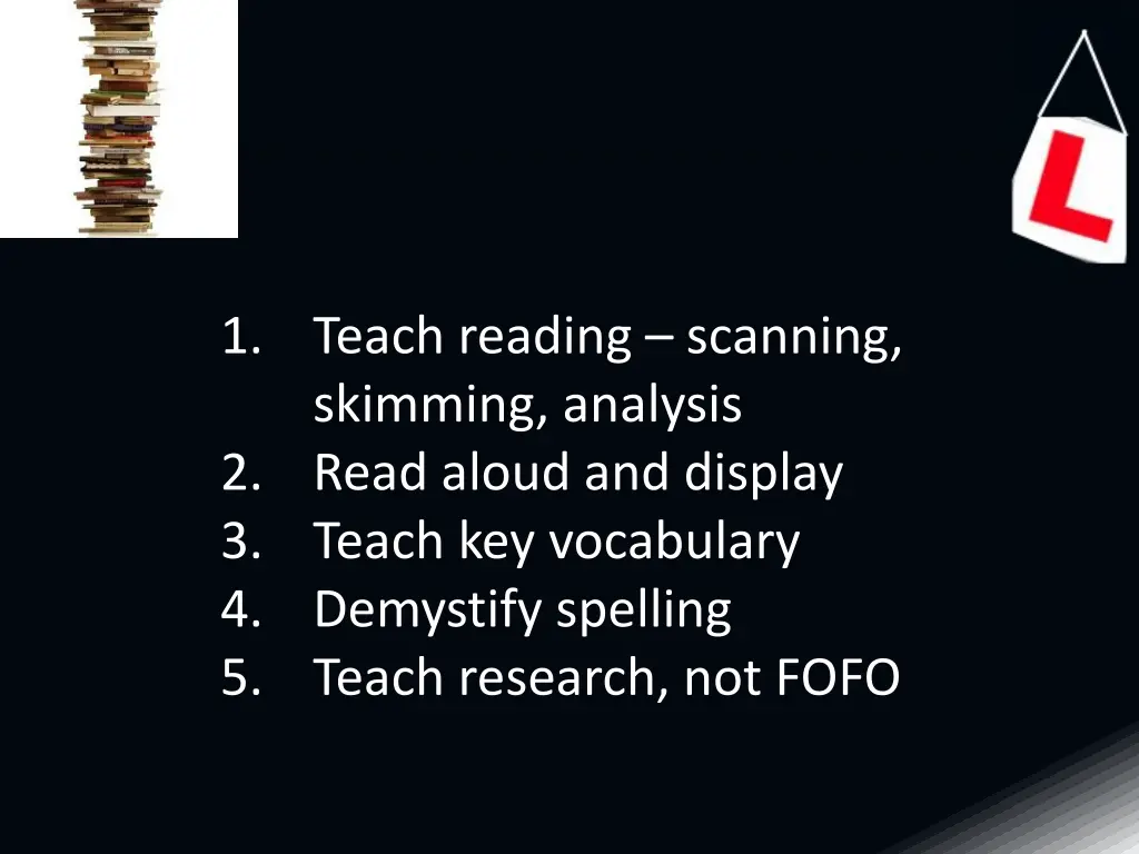 1 teach reading scanning skimming analysis 2 read