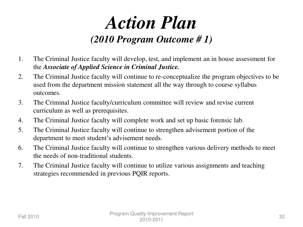 action plan 2010 program outcome 1