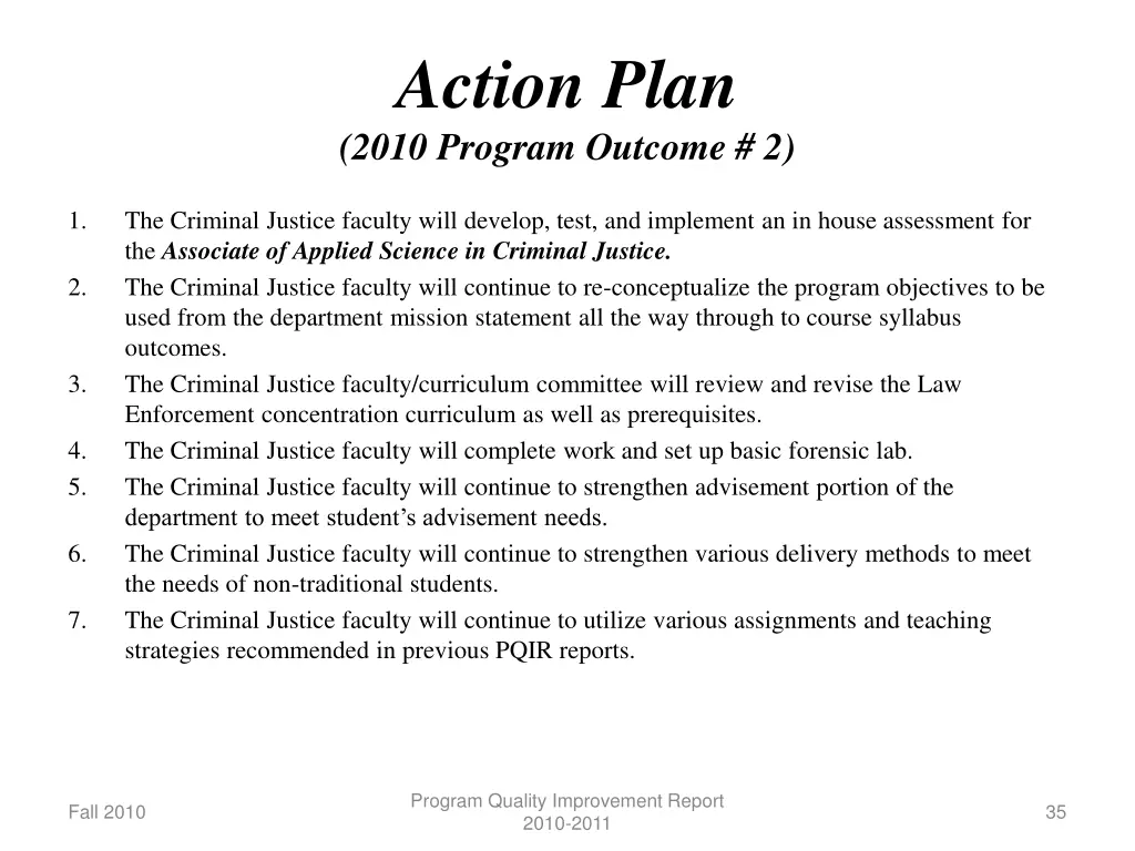 action plan 2010 program outcome 2