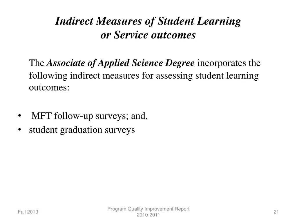 indirect measures of student learning or service