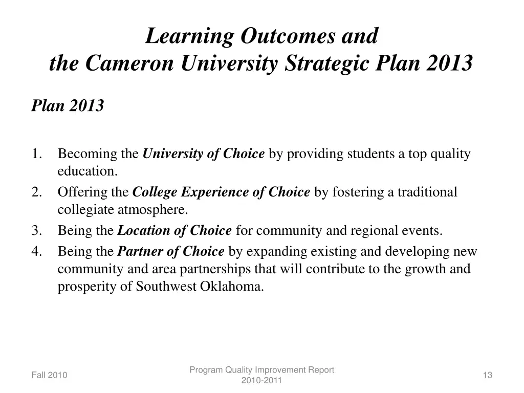 learning outcomes and the cameron university 1