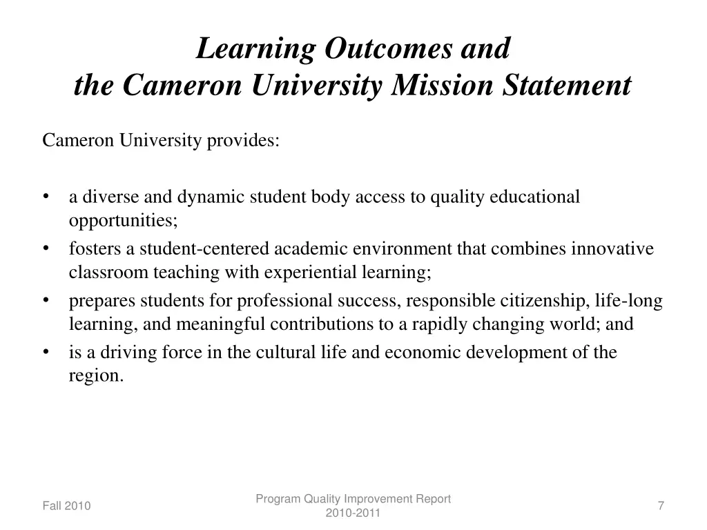 learning outcomes and the cameron university